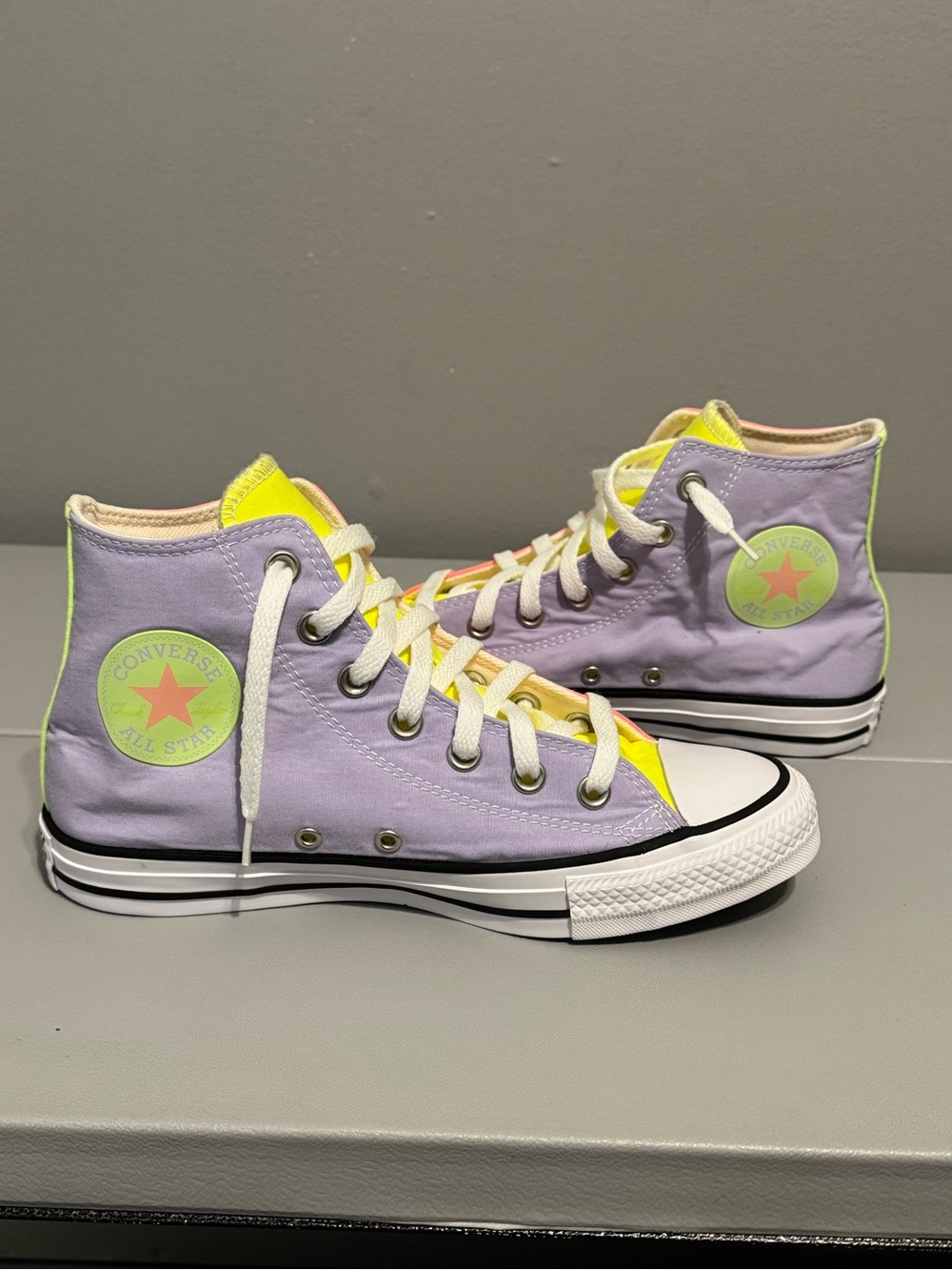 Converse High Top Sneakers in Lavender and Neon Yellow Accents
